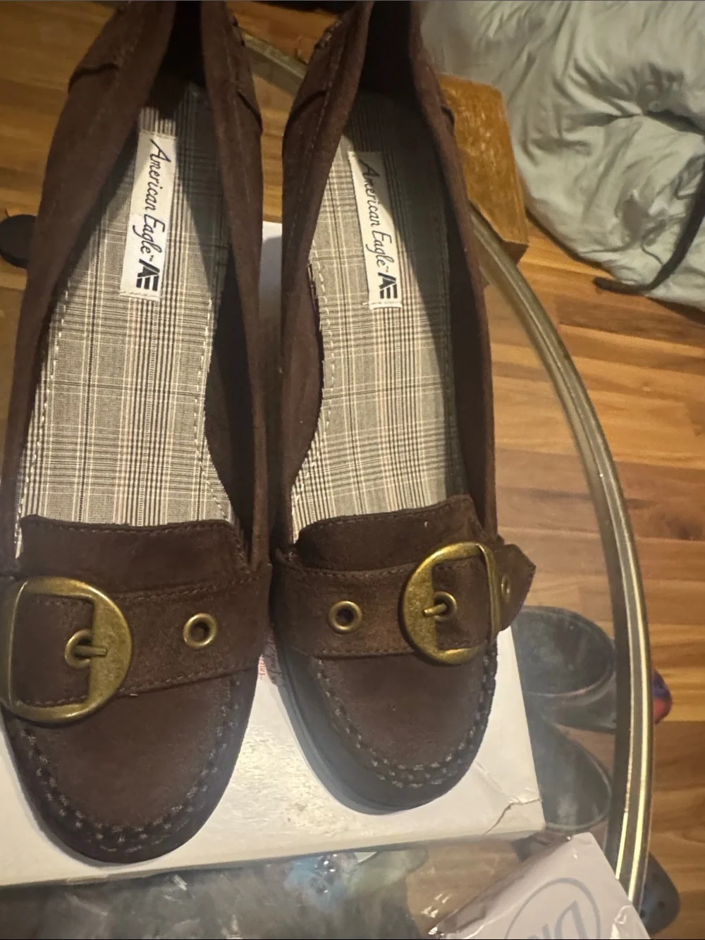 American Eagle Outfitters Brown Suede Wedge Loafers with Gold Buckle